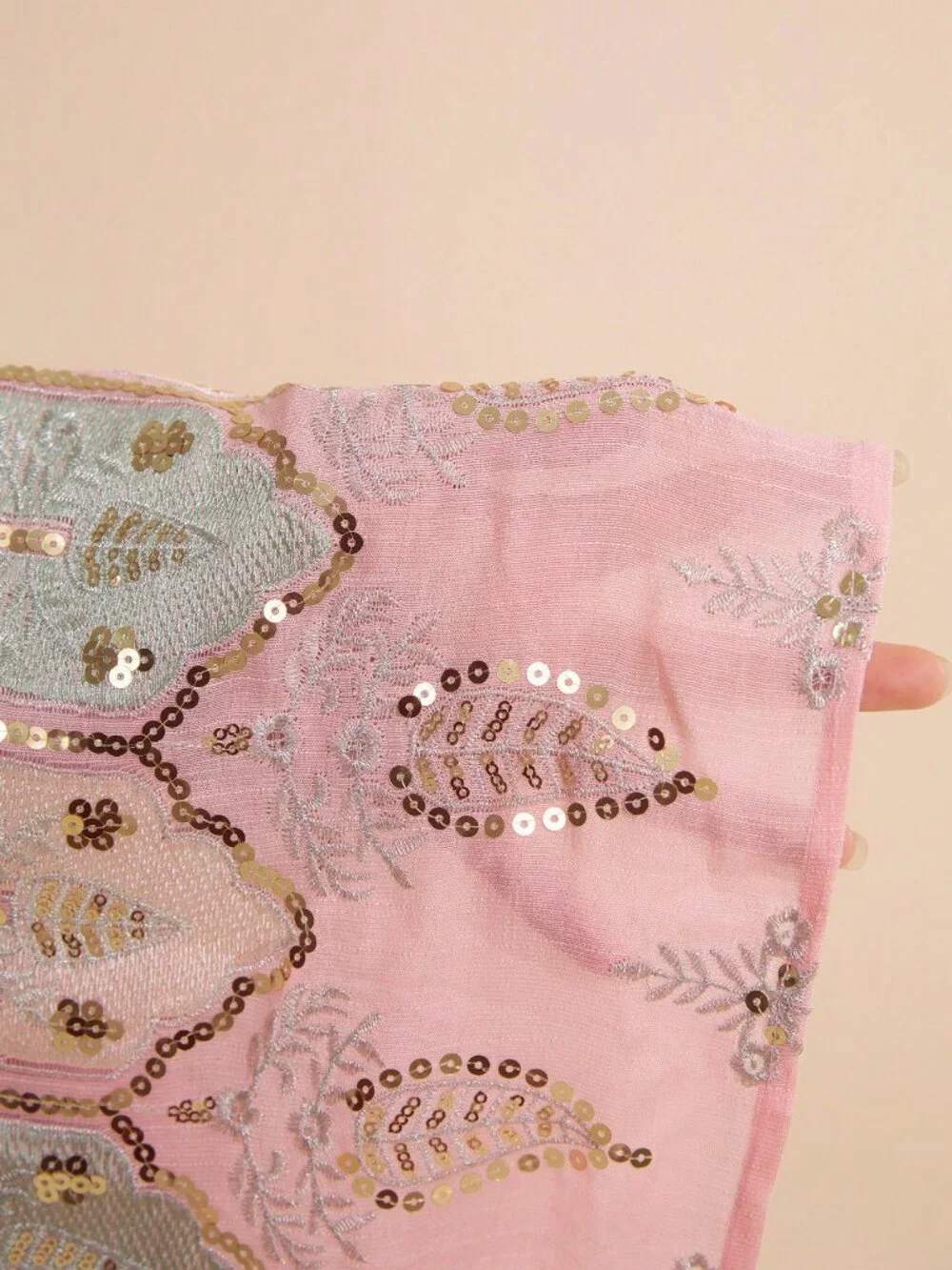 Pink Elegant Women's Chiffon Maxi Skirt With Bead And Thread Embroidery - Picture 6 of 6